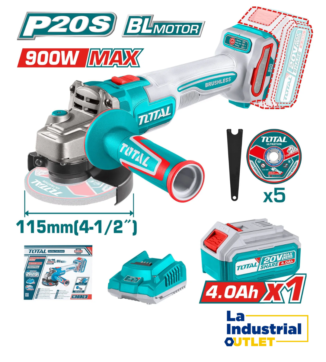 ESMERIL ANGULAR INALAMB 20V 115MM 900W +