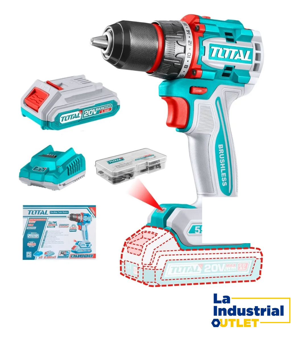 TALADRO IMPACTO 55NM 13MM +BATERIA Y CARGADOR TOTAL