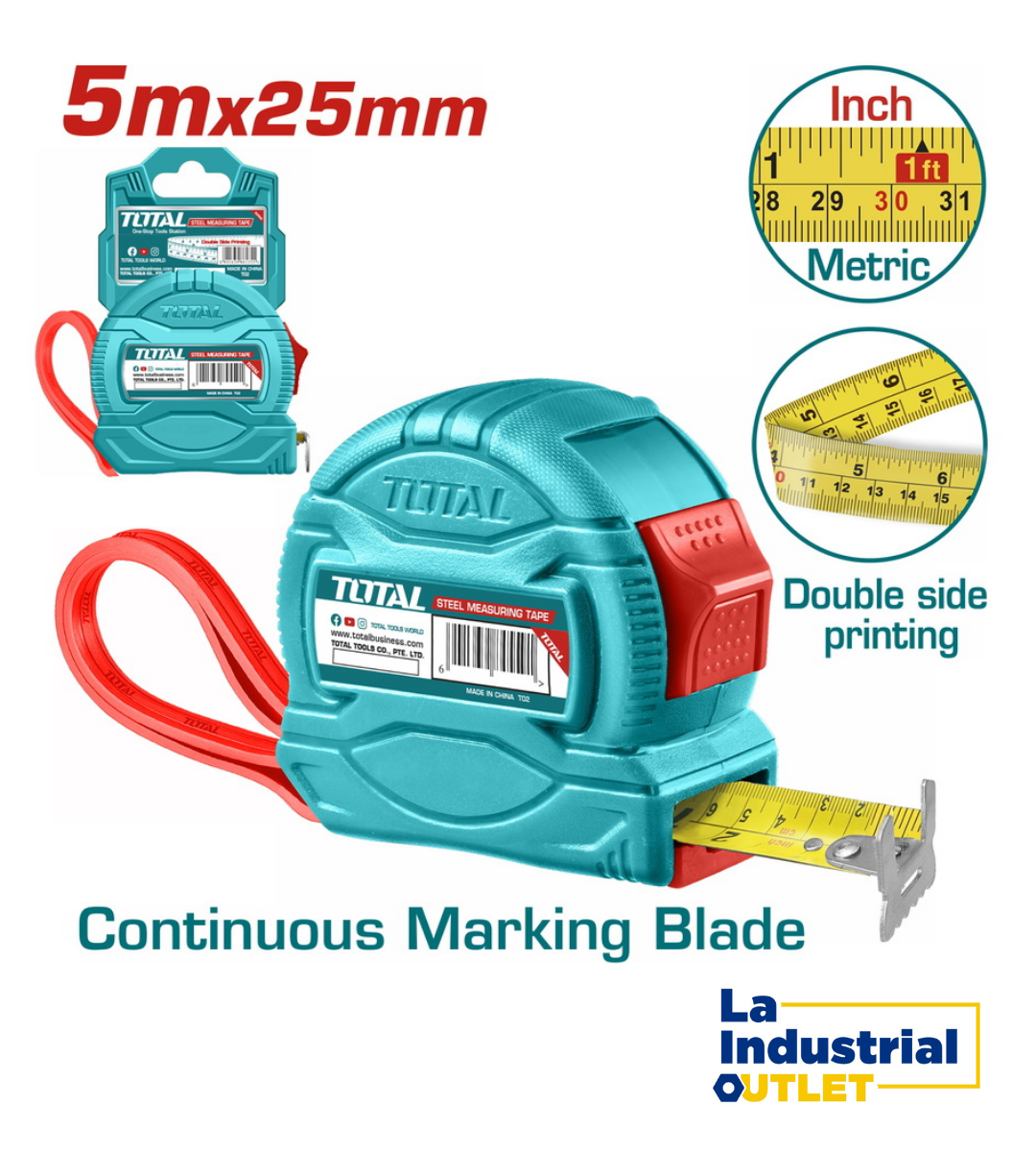 HUINCHA DE MEDIR 5MTS X 25MM 2 TOTAL