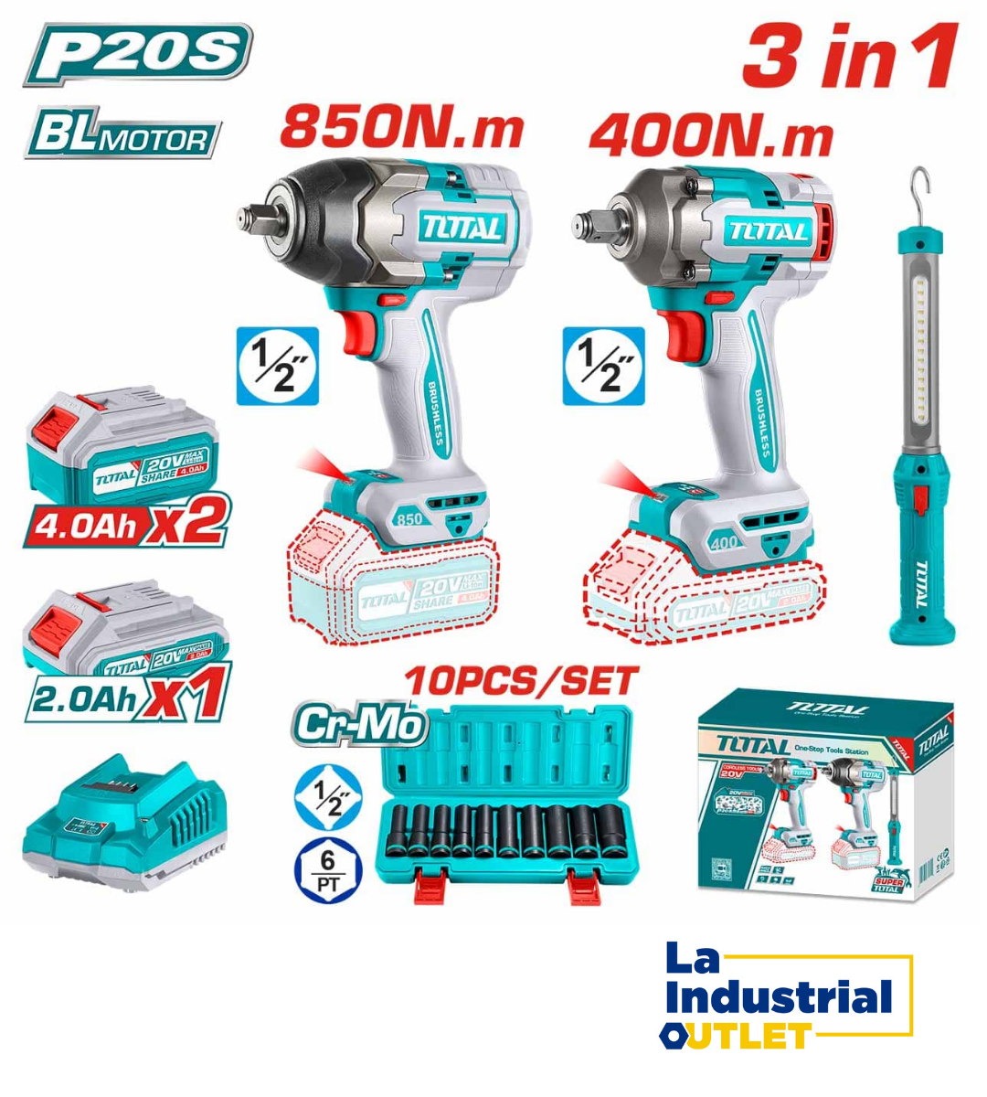 KIT LLAVE IMPACTO 400NM+LLAVE IMPACTO 850NM+DADOSLAROGS+LAMPARA